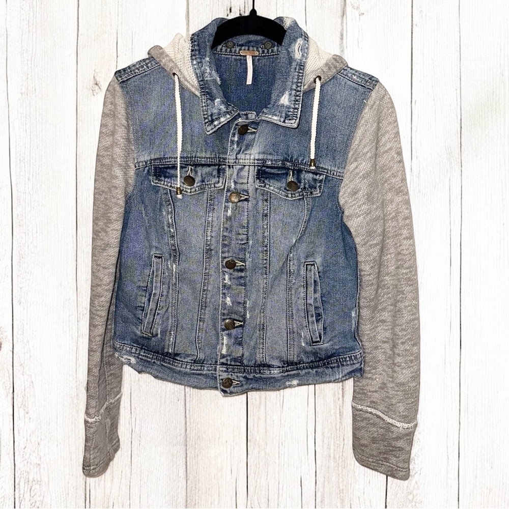Free People Women’s Indie Wash Combo Knit Hooded 100% Cotton Denim Jacket ~ S/P - Picture 3 of 10